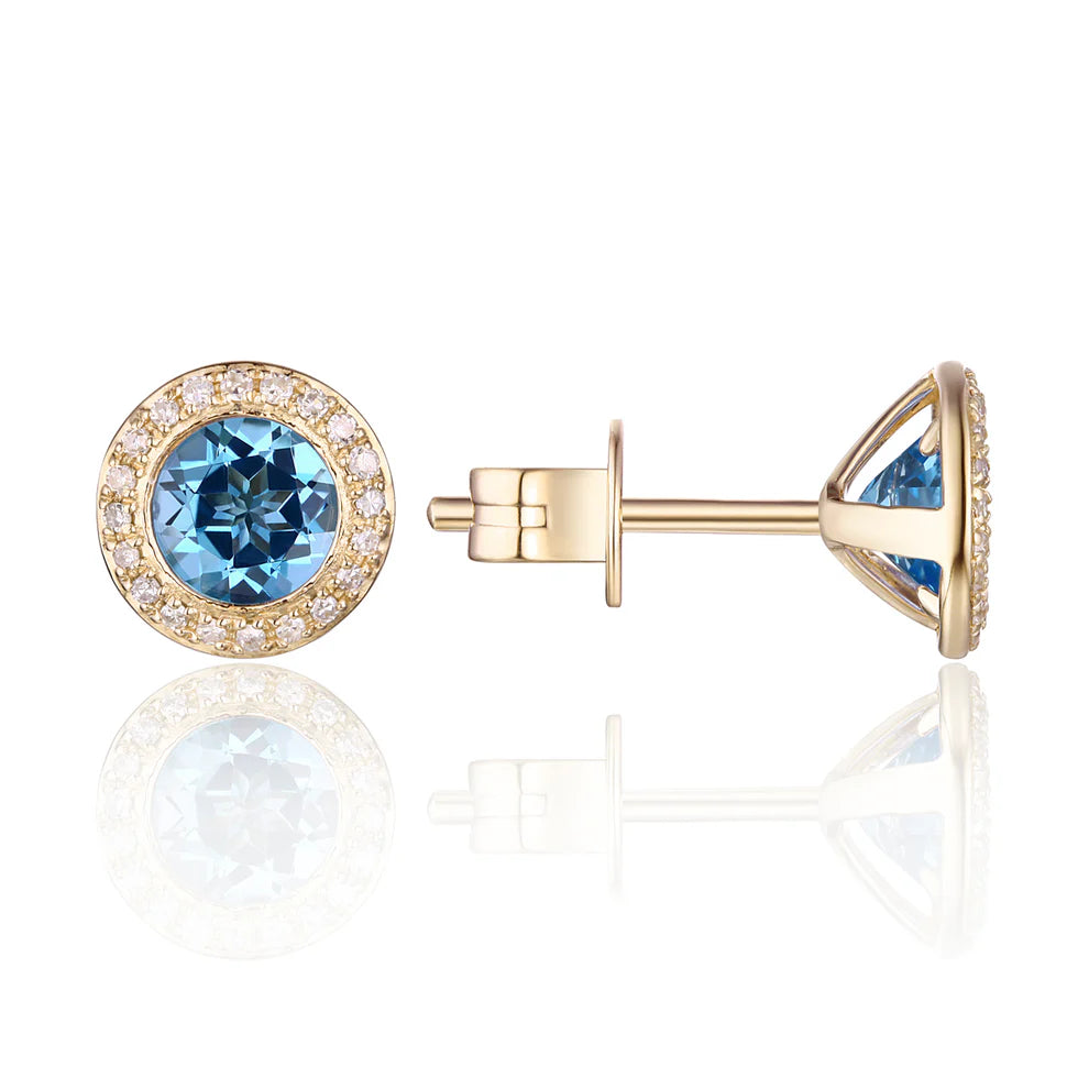 Blue Topaz Halo Diamond Stud Earrings