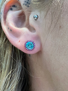 Blue Zircon and Pink Sapphire Earrings