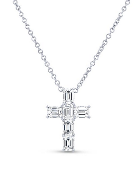 Elegant Cross with Emerald Cut Diamonds Necklace