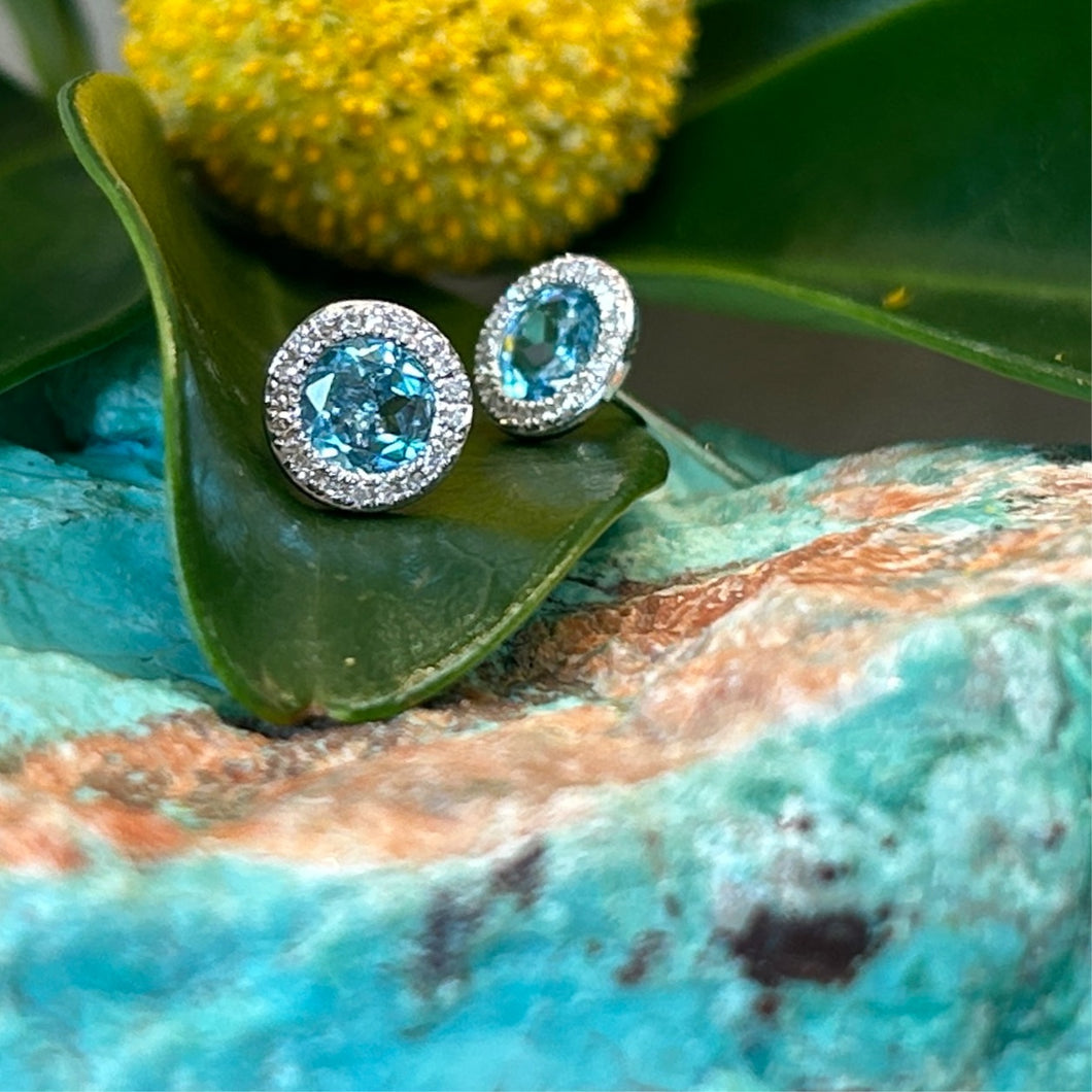 SOLD Blue Topaz Halo Diamond Stud Earrings