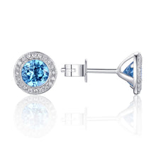 Load image into Gallery viewer, SOLD Blue Topaz Halo Diamond Stud Earrings
